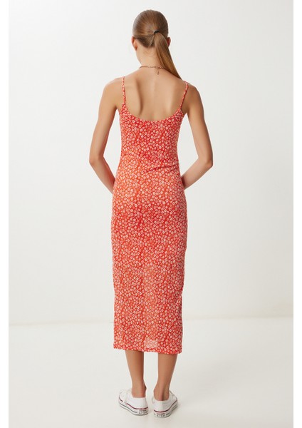 Askılı Desenli Yazlık Örme Elbise LUB0179 Oranj fırsatları