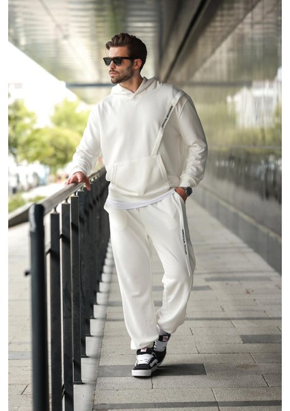 Beyaz Kapüşonlu Kanguru Cep Erkek Eşofman Takımı E7325