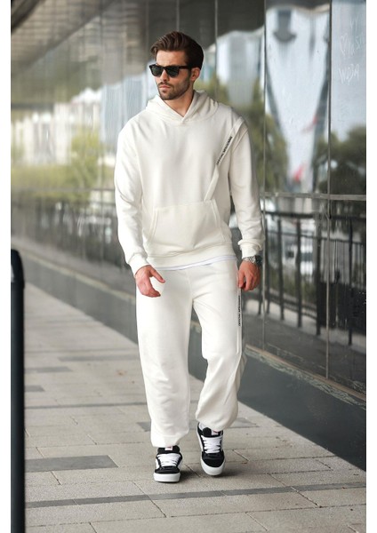 Beyaz Kapüşonlu Kanguru Cep Erkek Eşofman Takımı E7325 fiyatları