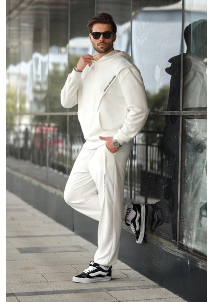 Beyaz Kapüşonlu Kanguru Cep Erkek Eşofman Takımı E7325 modelleri