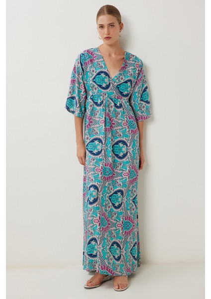 Desenli Yazlık Uzun Viskon Elbise LFG0117 Yeşil