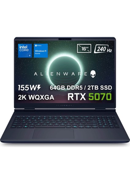 Alienware 16X Aurora Intel Core Ultra 9-275HX 64GB DDR5 2TB SSD RTX5070 8GB 155W 16 inç 2K WQXGA 240Hz 3ms WVA W11 Home Gaming Laptop (AC16251-CU932157Wv3)