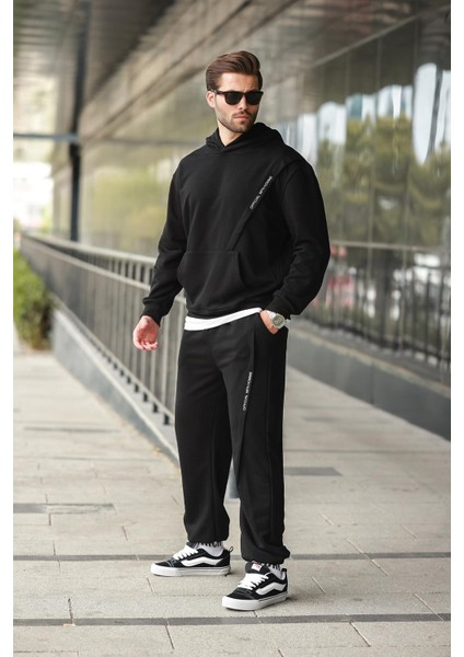 Siyah Kapüşonlu Kanguru Cep Erkek Eşofman Takımı E7325