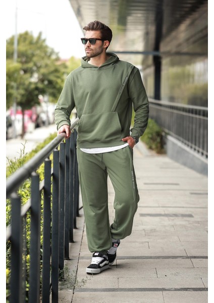 Haki Kapüşonlu Kanguru Cep Erkek Eşofman Takımı E7325