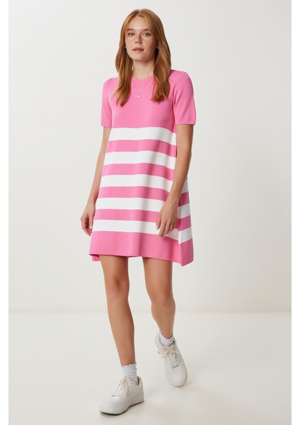 Çizgili Esnek Mini Triko Elbise LUB0165 Pembe