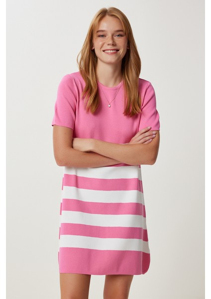 Çizgili Esnek Mini Triko Elbise LUB0165 Pembe fiyatları