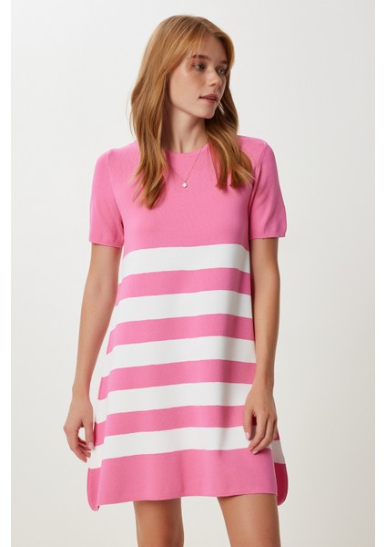 Çizgili Esnek Mini Triko Elbise LUB0165 Pembe modelleri
