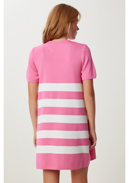 Çizgili Esnek Mini Triko Elbise LUB0165 Pembe indirimleri
