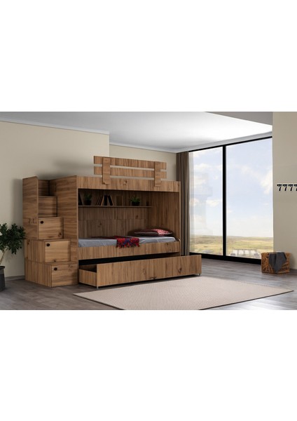 Evimşah 90 * 190 3 Lü Yavru Yataklı Ceviz / Ceviz Kitaplıklı Ranza