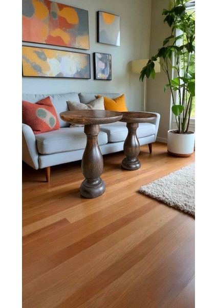 2’li Ahşap Mantar Sehpa Seti – Ceviz Renk Modern Yan Sehpa Takımı