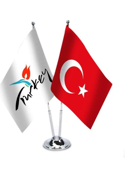 Türkiye Turkey Logolu İkili Saten Masa Bayrağı