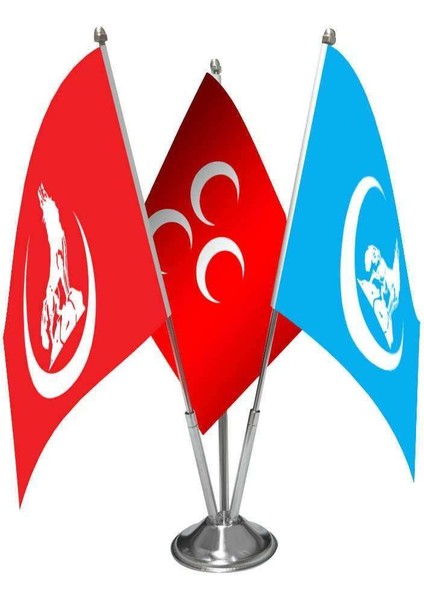 Kırmızı Ülkü Ocakları Kırmızı Üç Hilal Mavi Ülkü Ocakları Üçlü Saten Masa Bayrağı Set