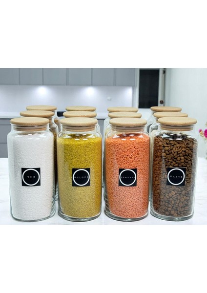 12'li Ahşap Kapaklı Cam Saklama Kavanozu Seti 1400 Ml, Etiketli, Bakliyat Saklama