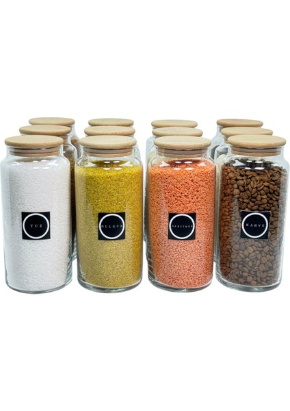 12'li Ahşap Kapaklı Cam Saklama Kavanozu Seti 1400 Ml, Etiketli, Bakliyat Saklama fırsatları