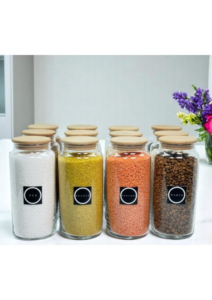 12'li Ahşap Kapaklı Cam Saklama Kavanozu Seti 1400 Ml, Etiketli, Bakliyat Saklama