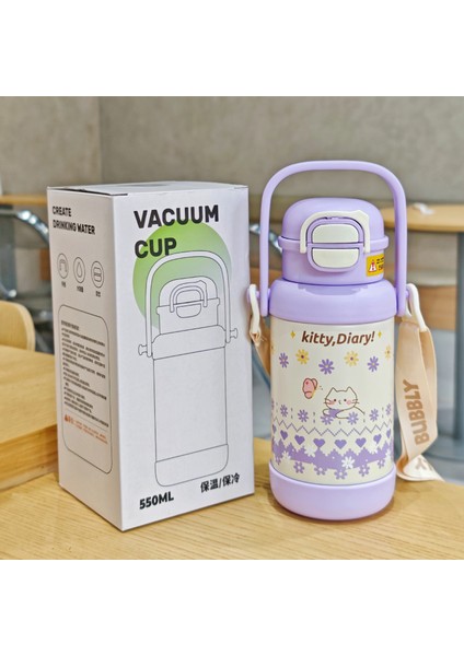 Karikatür Kapaklı Çift Kullanımlı Yalıtım Kabı Pipetli Su Kabı Öğrenciler Paslanmaz Çelik Vakumlu Kap (Yurt Dışından)