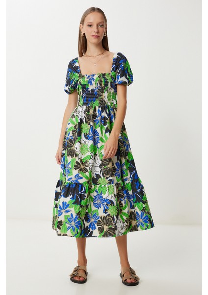 Balon Kollu Desenli Dokuma Elbise LFG0074 Yeşil Mavi