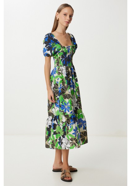 Balon Kollu Desenli Dokuma Elbise LFG0074 Yeşil Mavi fiyatları