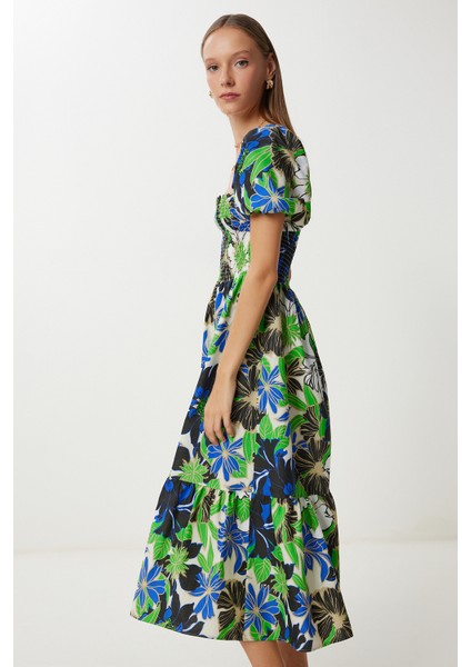 Balon Kollu Desenli Dokuma Elbise LFG0074 Yeşil Mavi modelleri