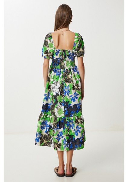 Balon Kollu Desenli Dokuma Elbise LFG0074 Yeşil Mavi indirimleri