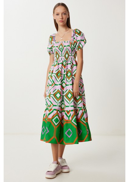 Balon Kollu Desenli Dokuma Elbise LFG0124 Lila Yeşil