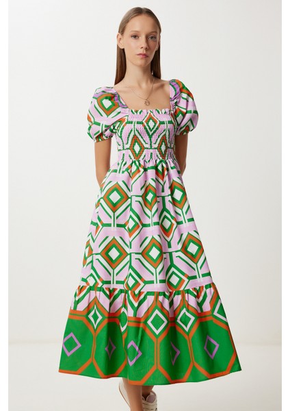 Balon Kollu Desenli Dokuma Elbise LFG0124 Lila Yeşil fiyatları