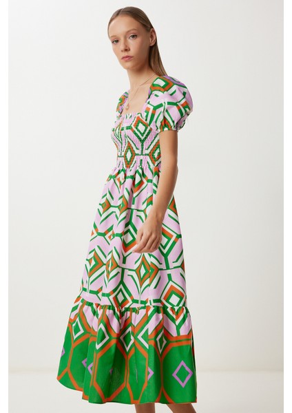 Balon Kollu Desenli Dokuma Elbise LFG0124 Lila Yeşil modelleri