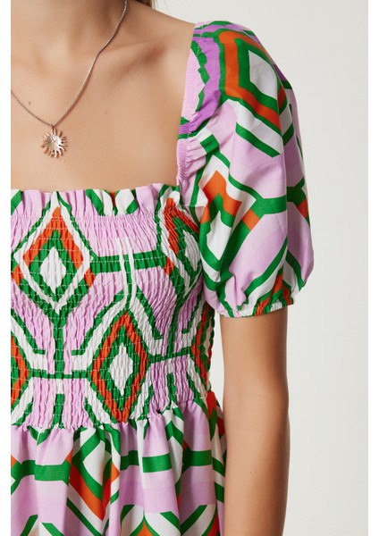 Balon Kollu Desenli Dokuma Elbise LFG0124 Lila Yeşil fırsatları