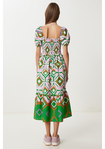 Balon Kollu Desenli Dokuma Elbise LFG0124 Lila Yeşil indirimleri