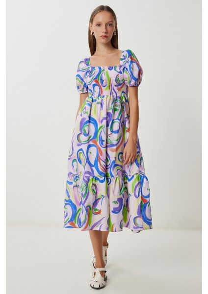 Balon Kollu Desenli Dokuma Elbise LFG0088 Lila Mavi