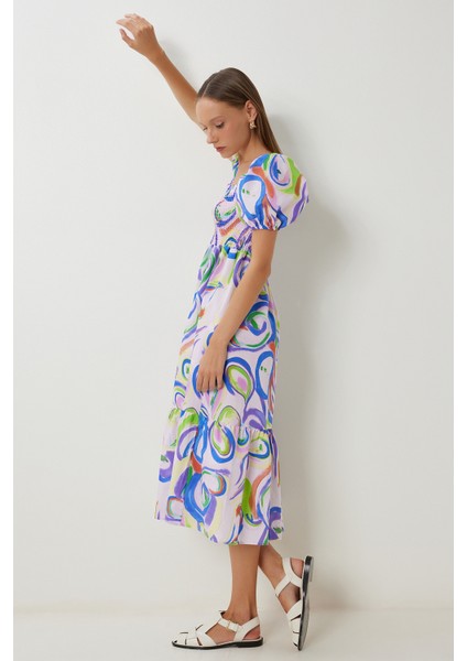 Balon Kollu Desenli Dokuma Elbise LFG0088 Lila Mavi fiyatları