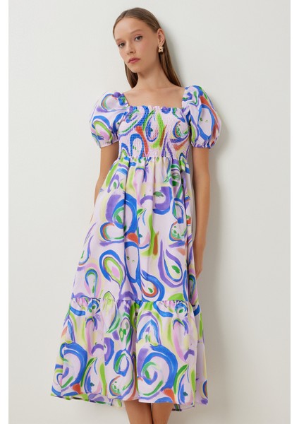 Balon Kollu Desenli Dokuma Elbise LFG0088 Lila Mavi modelleri