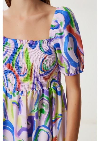 Balon Kollu Desenli Dokuma Elbise LFG0088 Lila Mavi fırsatları