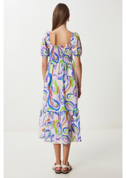 Balon Kollu Desenli Dokuma Elbise LFG0088 Lila Mavi indirimleri