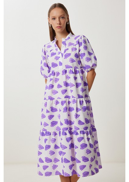 Desenli Volanlı Yazlık Dokuma Elbise LFG0045 Mor Beyaz fiyatları