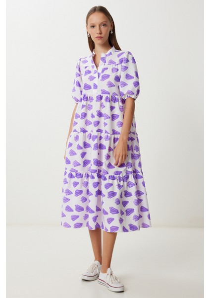 Desenli Volanlı Yazlık Dokuma Elbise LFG0045 Mor Beyaz modelleri