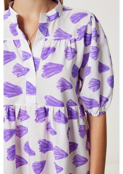 Desenli Volanlı Yazlık Dokuma Elbise LFG0045 Mor Beyaz fırsatları