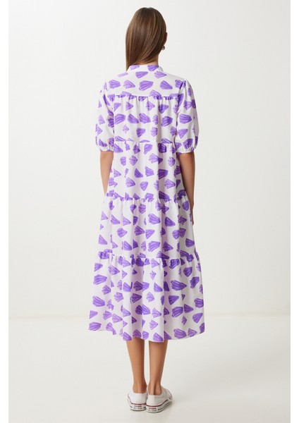 Desenli Volanlı Yazlık Dokuma Elbise LFG0045 Mor Beyaz indirimleri