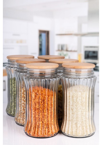 Turuncu 2000 ml Cam Kavanoz, Kapaklı, Çizgili, Hava Geçirmez, Saklama Kabı, 6'lı Paket