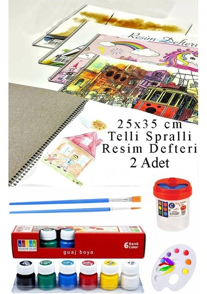 6 Renk Guaj Boya Südor 25X35 cm Telli Spralli Resim Defteri Palet Resim Fırçası 15 Yaprak Guajboya Resim Defteri