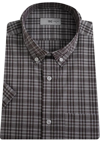 Kahve Comfort Fit Kısa Kol Ekose Gömlek