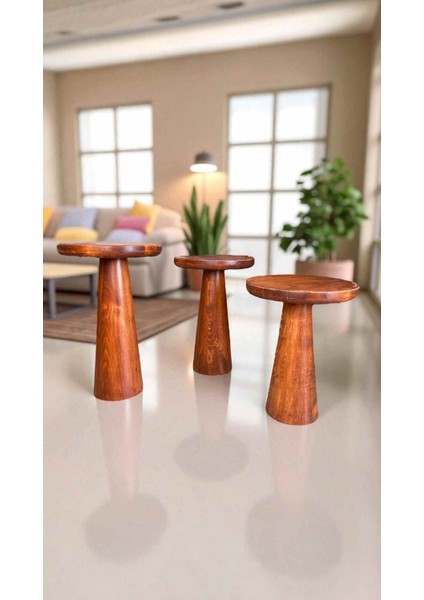 3’lü Ahşap Mantar Yan Sehpa Seti – Fındık Renk Modern Sehpa Takımı