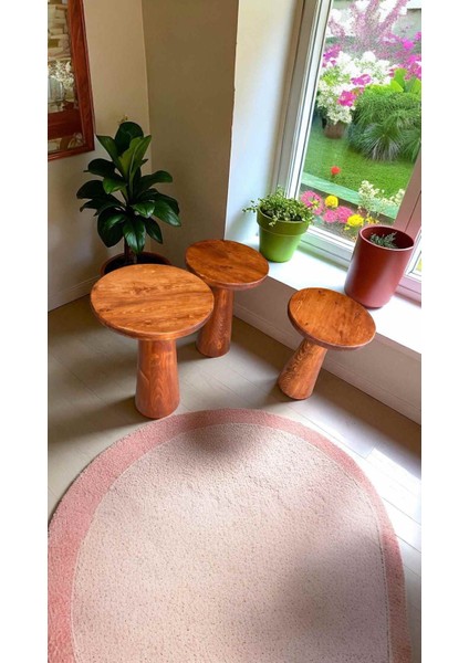 3’lü Ahşap Mantar Yan Sehpa Seti – Fındık Renk Modern Sehpa Takımı modelleri