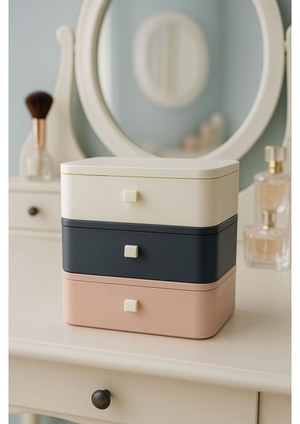 Renkli 3'lü Çekmeceli Takı ve Makyaj Düzenleyici Seti