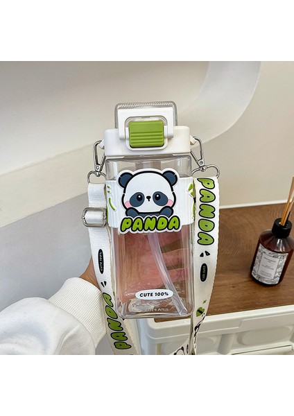 Kare Plastik Kupa Sevimli Panda Pipetli Kupa Spor Kupa Büyük Kapasiteli Su Kupa (Yurt Dışından)