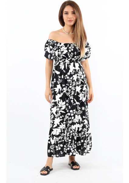 Kadın Positano Siyah Gipeli Viskon Uzun Elbise