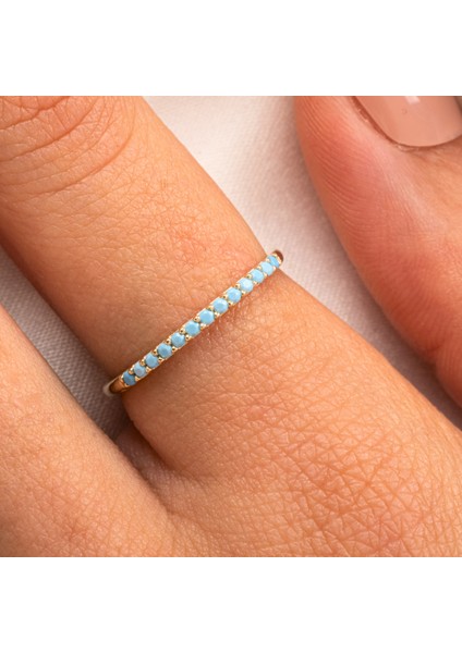 Gümüş Yüzük - Firuze Taşlı 925 Ayar Gümüş Yüzük - 0.25 Karat Yarım Tur Pırlanta Montörü Alyans