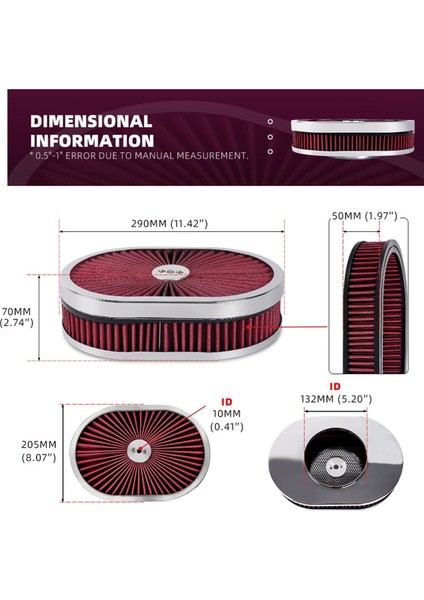 Araba Oval Hava Temizleyici Filtre 12X2 Inç Hava Filtresi Akış Arıtıcı 5-1/8 Inç Arayüz Boyun Kırmızı (Yurt Dışından) modelleri