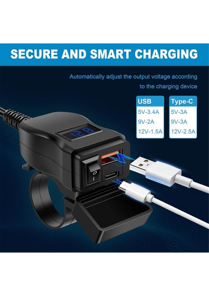Usb-A+Type-C 12V-24V Voltmetreli Moto Şarj Cihazı, Telefonlar, Tabletler ve Gps Için Hızlı Şarj, Gidona/aynaya Monte (Yurt Dışından) modelleri