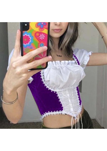 Harajuku Medieval Style Mor Y2K Kısa Kollu Crop fiyatları